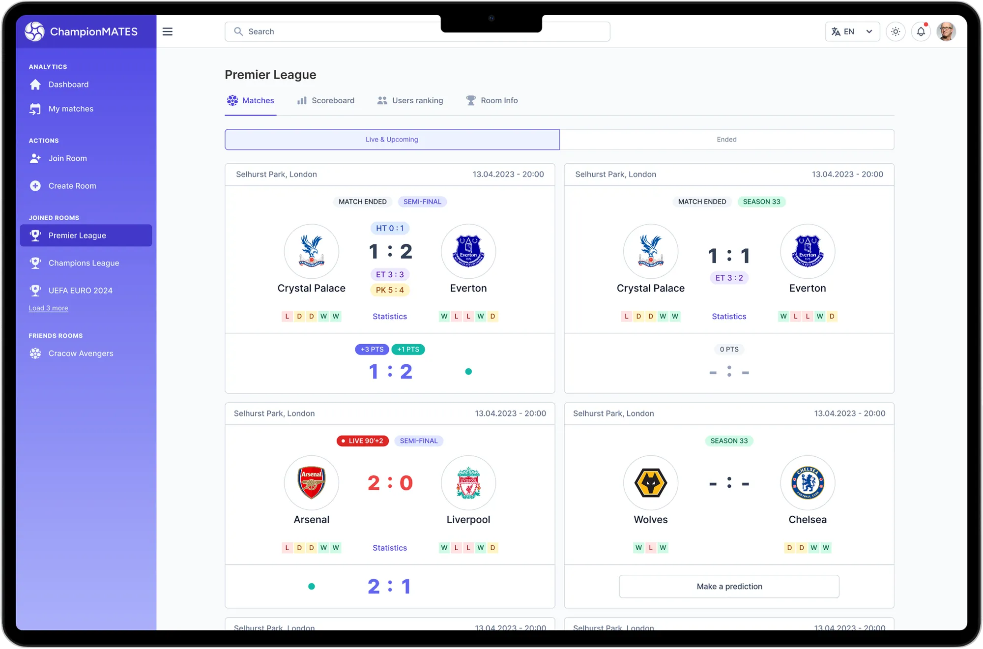 ChampionMates match predictions shown on a tablet