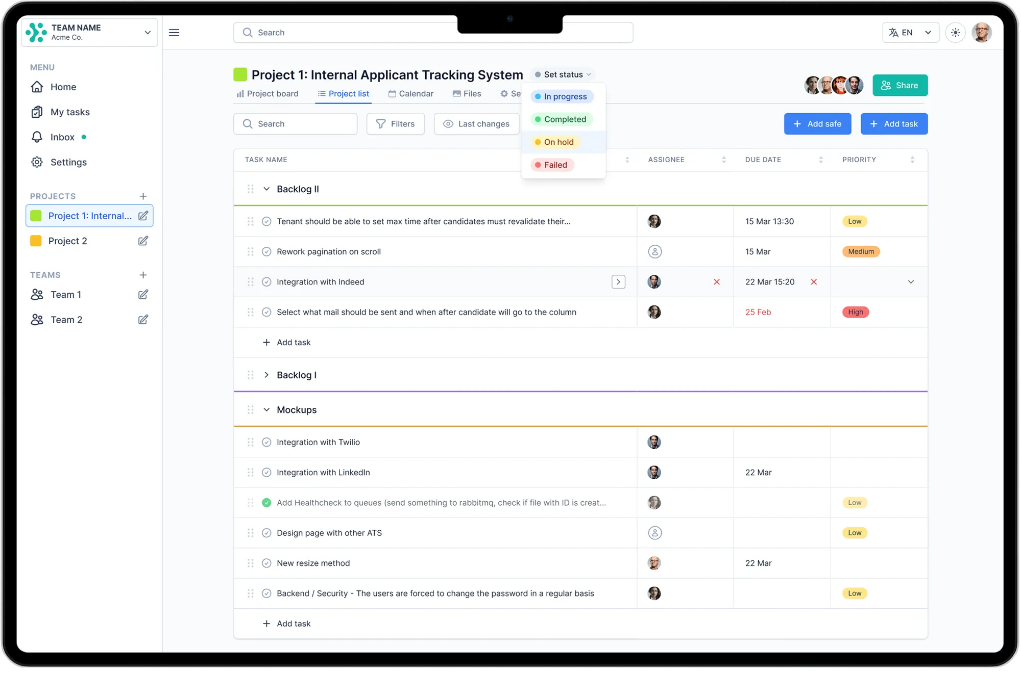 Projectlify project list shown on a tablet