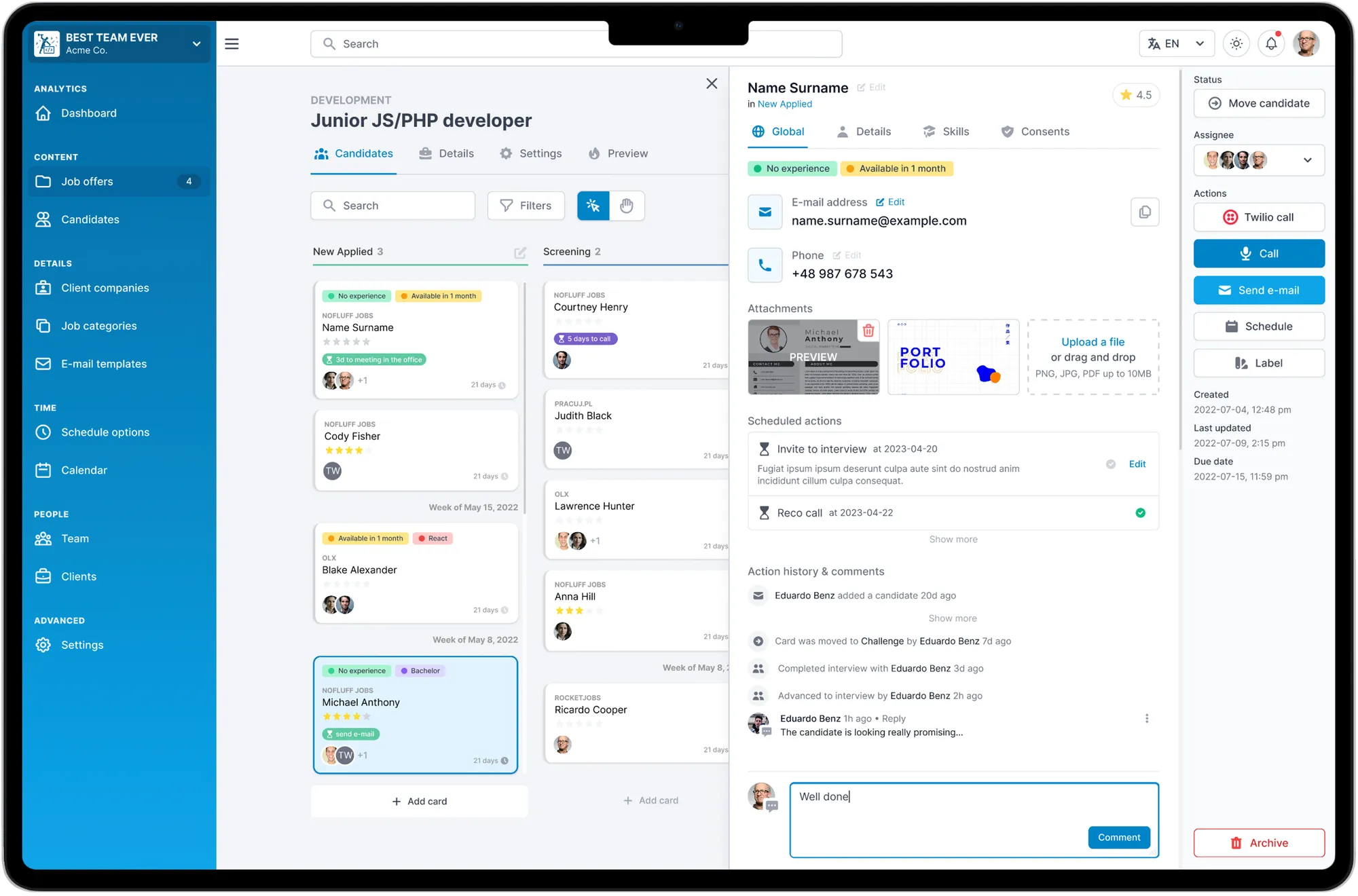 RecruitRocket candidate pipeline shown on a tablet