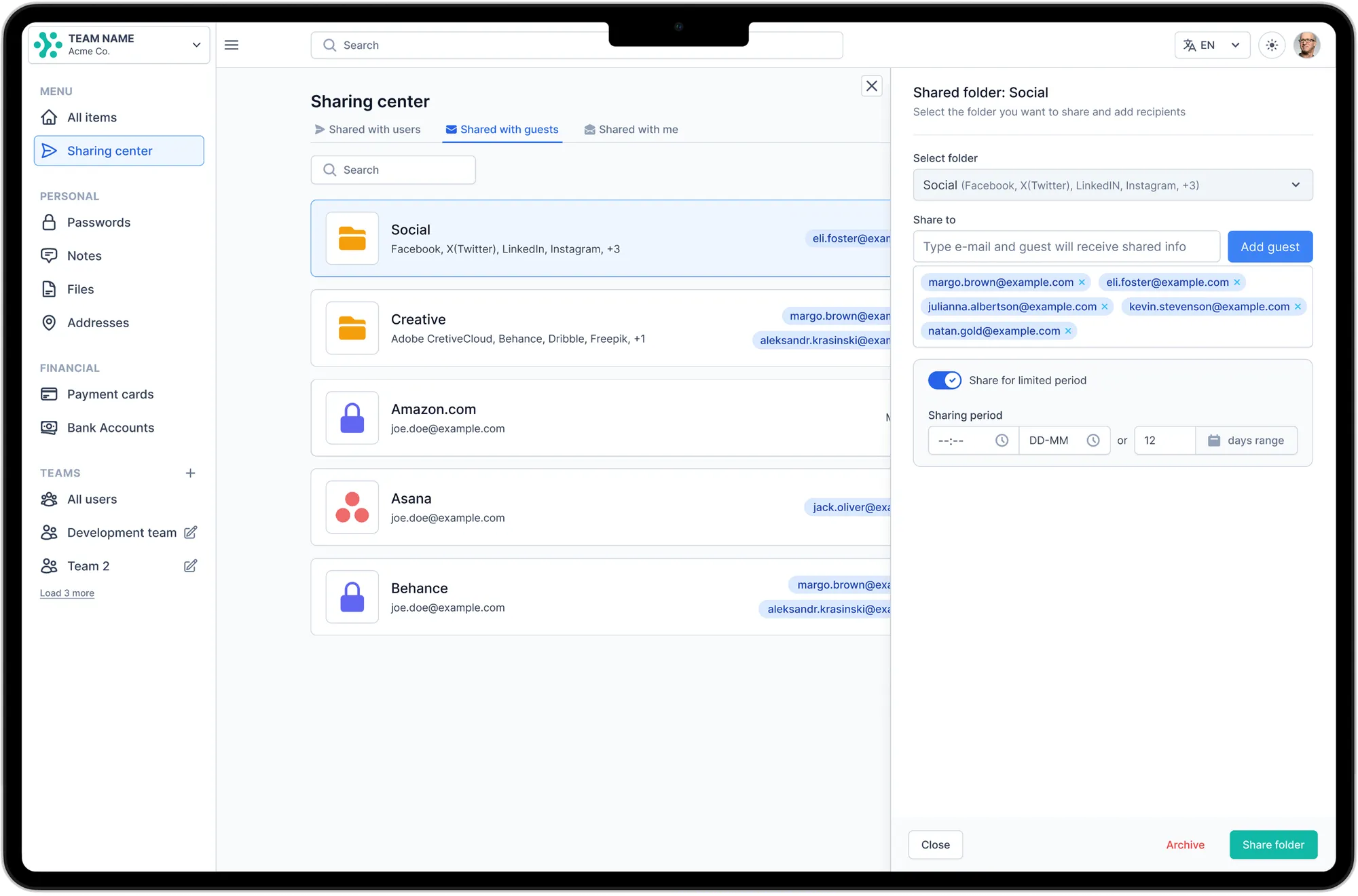 TheSecureLocker sharing center shown on a tablet