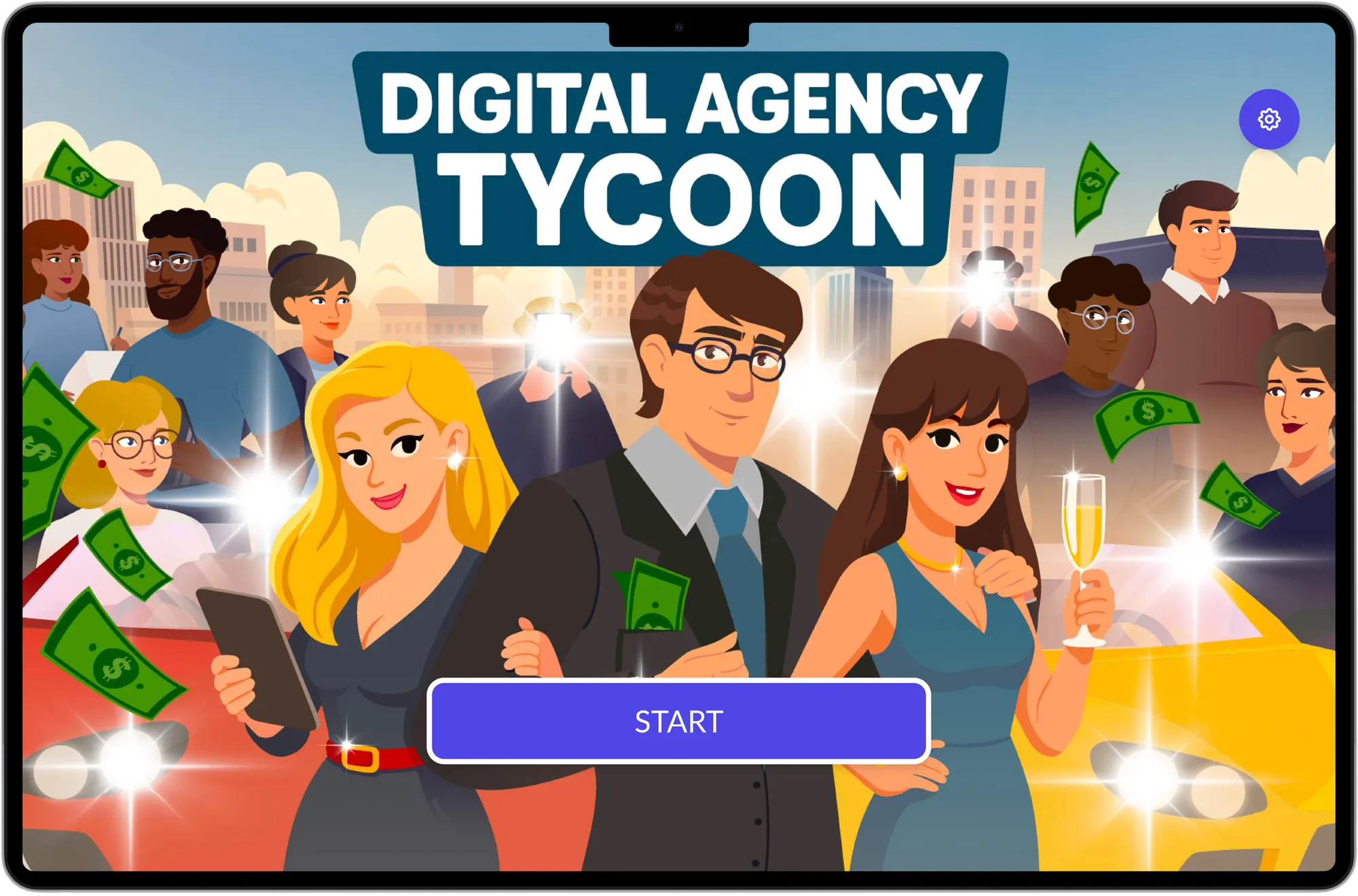 Digital Agency Tycoon start screen shown on a tablet
